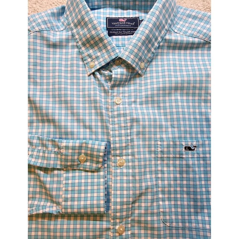 Vineyard Vines Performance Tucker Shirt Mens L Blue Check Stretch Button Down